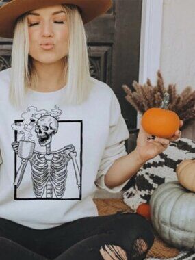 Project Social T Skeleton Coffee Sweatshirt XXL Gray Graphic Crewneck Oversized